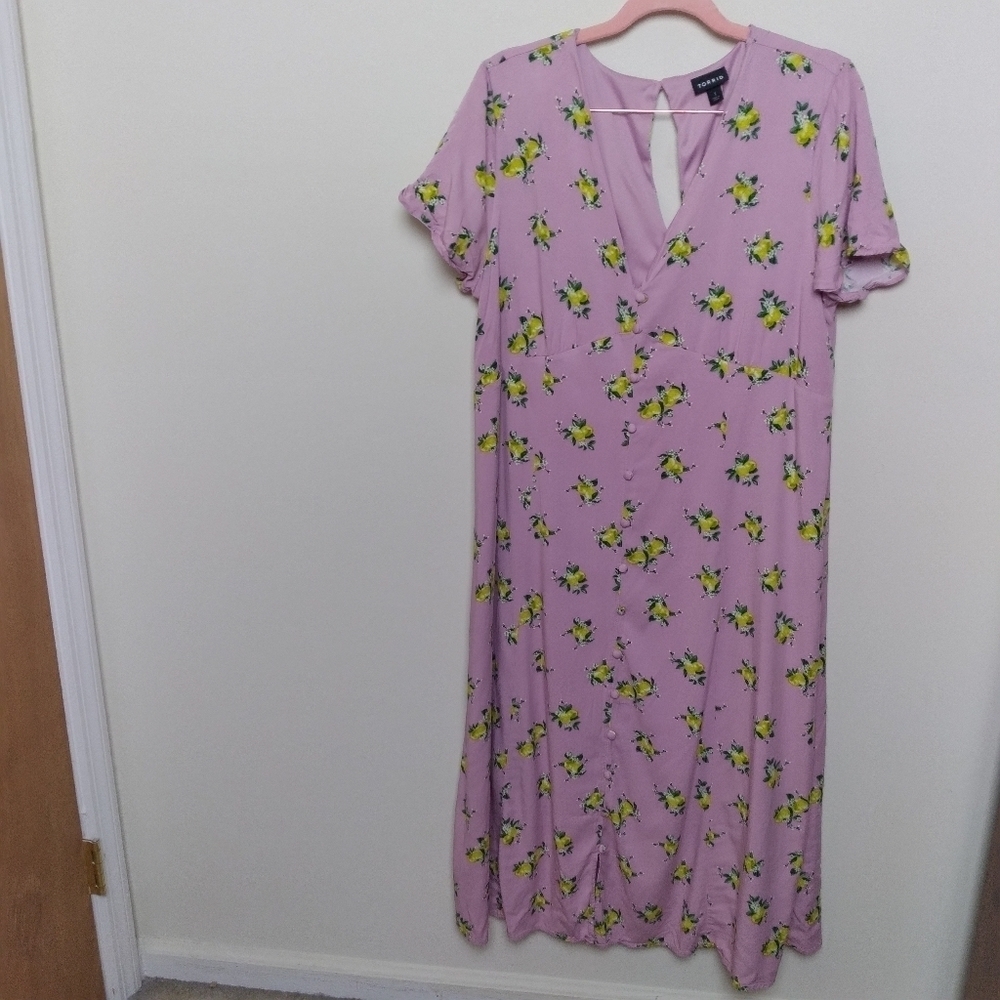 Torrid Purple Short Sleeve V Neck Lemon Print Midi Button Front Dress Size 1 1X - Picture 10 of 13